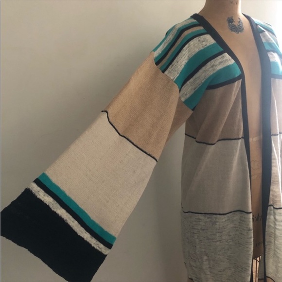 Free people] Linen Tan Black Jade Strips Maxi loose fit sweater kimono Duster - Picture 2 of 9